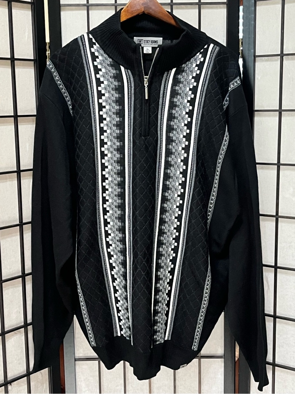 Stacy Adams Black Half-Zip Sweater with Gray & White Pattern men SIZE XL